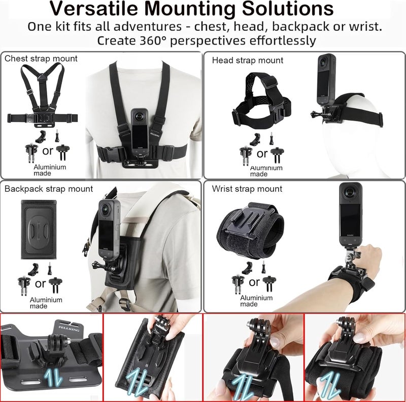PELLKING Accessories Kit for Insta360 X5,Included Carrying Case with Belt,135cm Selfie Stick Tripod,Aluminium Handlebar Clamp.2 Pcs Metal 1/4" Adapter,Magnetic Mount,4 Pcs Body Strap Mount,and Other - Image 4